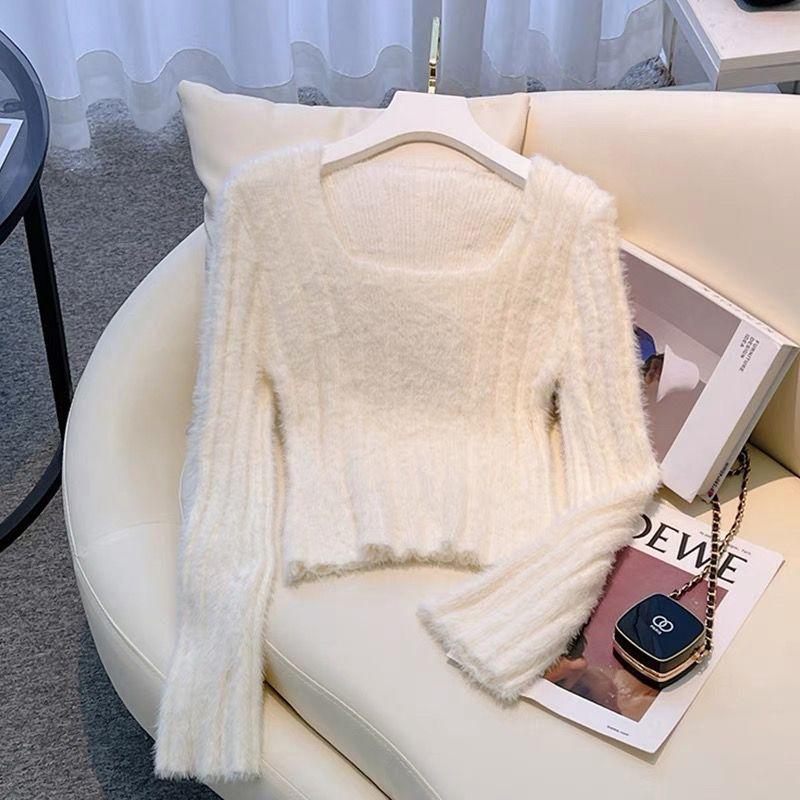 Áo Len Lông Chồn Nhân Tạo, Mềm Mại Và Nếp, Phong Cách Thường Ngày Cổ Vuông, Dành Cho Nữ, Thích Hợp Cho Mùa Thu Và Mùa Đông, Giữ Nhiệt Nhẹ Nhàng, Phối Bên Trong, Đồ Lót Ngắn, Áo Dệt Kim