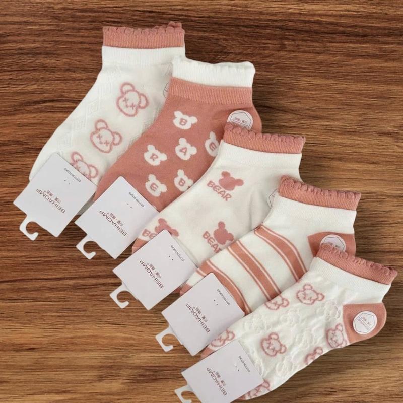Sét 5 đôi tất nữ cổ ngắn Cotton cổ bèo ren tone hồng có 2 mẫu