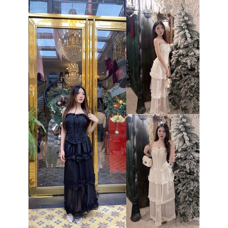 [ Có Bigsize+ kèm tag nơ ) SET ÁO CORSET TRỄ VAI CHÂN VÁY MAXI DÁNG DÀI TÔN DÁNG BYY CARROTSHOP( có gọng định hình eo ) 3