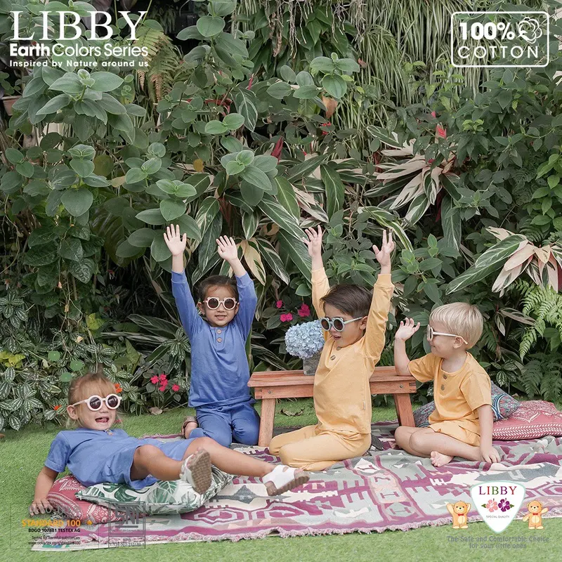 Libby fave set earth color series setelan kaos oblong lengan panjang celana panjang anak / piyama anak Katun Lengan panjang Polos 3