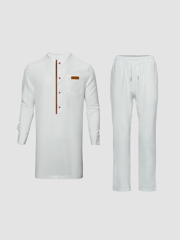 Men's Contrast Binding Split Hem Two-Piece Set, Regular Fit Traditional Fake Buttons Top & Elastic Waist Pants, Traditional Outfits, Men's Two-Piece Outfits For Party 3