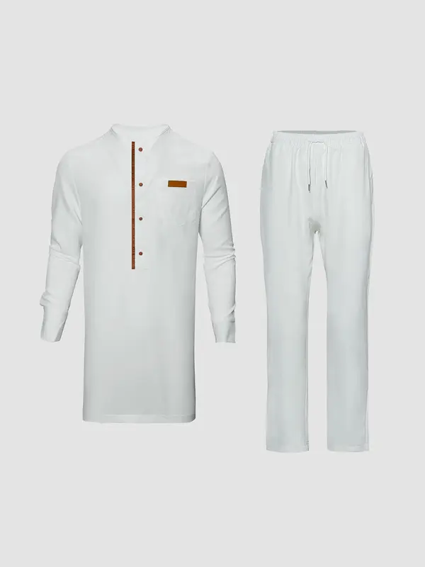 Men's Contrast Binding Split Hem Two-Piece Set, Regular Fit Traditional Fake Buttons Top & Elastic Waist Pants, Men's Two-Piece Outfits For Party 3