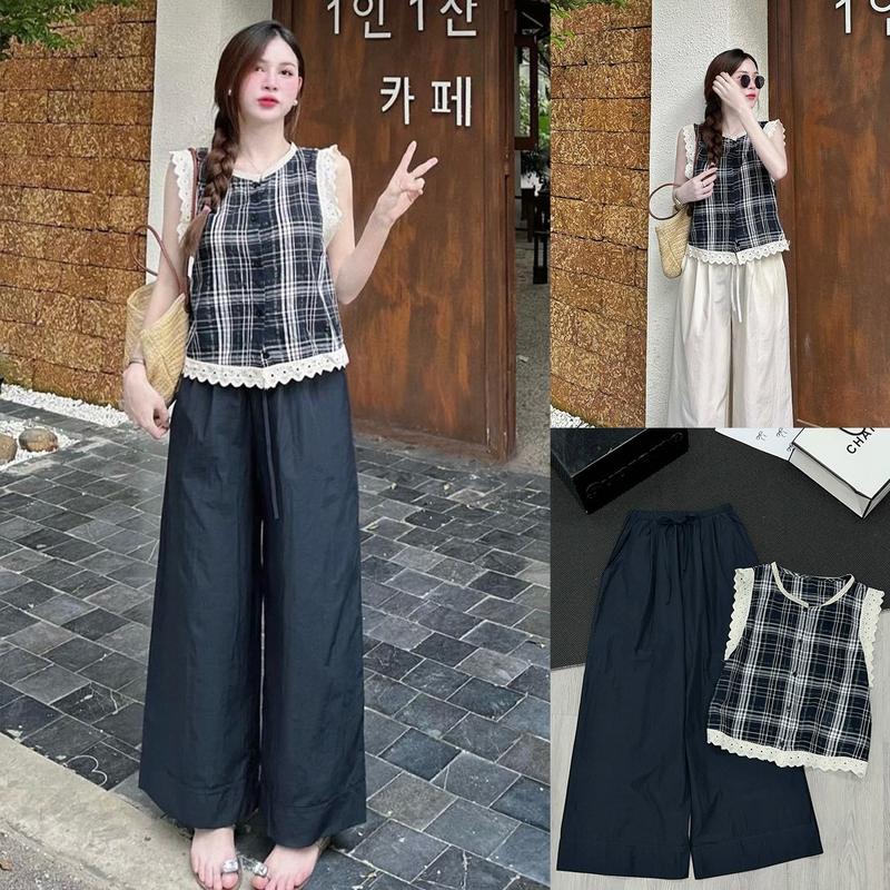 Set áo kẻ sát nách viền ren cổ tàu kết hợp quần xuông thiết kế cách điệu dễ thương Nữ Women Top Nhung