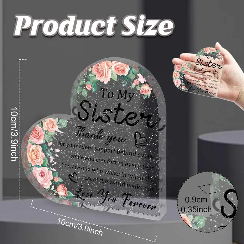 Flower & Letter Pattern Acrylic Decor Sign, Heart Shaped To My Sister Thank You Gift, Sister Friendship Plaque for Women, Desk Ornament, Memorial Gift 1