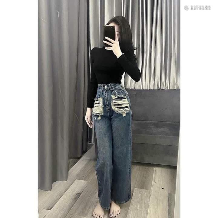 Quần Jean Xuông Rách Cạp Cao Nữ Women Ong Pants Chất Vải Denim Mềm Dày Cao Cấp, Phong Cách Hàn Quốc