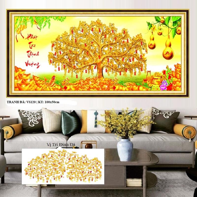 Tranh đính đá Cây Tài Lộc Cây Kim Tiền- kích thước: 100x50cm tranh chưa gắn đá