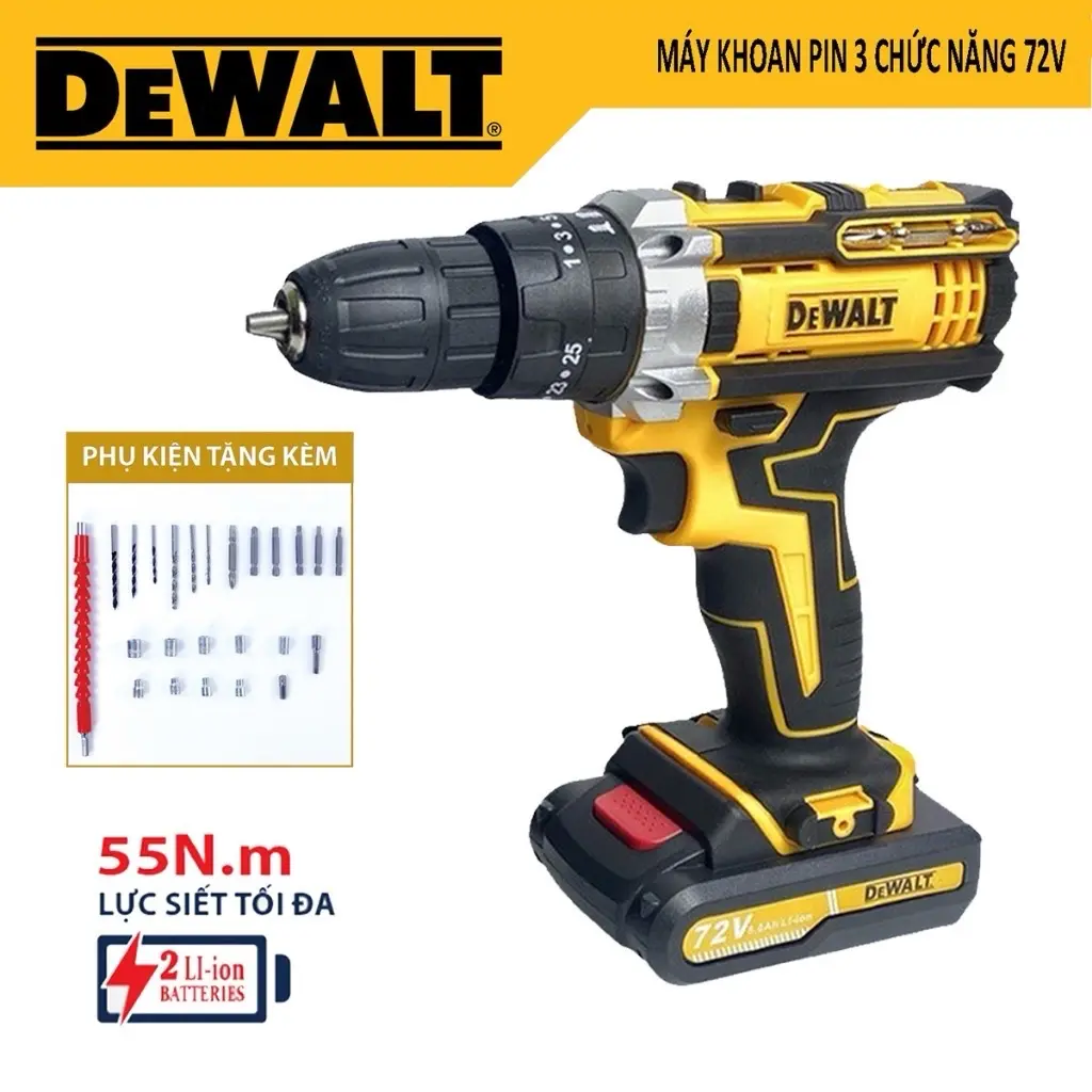 ￼Máy khoan Dewalt 72v, máy khoan 3 chức năng có búa tặng kèm phụ kiện 24 chi tiết bộ tuốc nơ vít điện may khoang