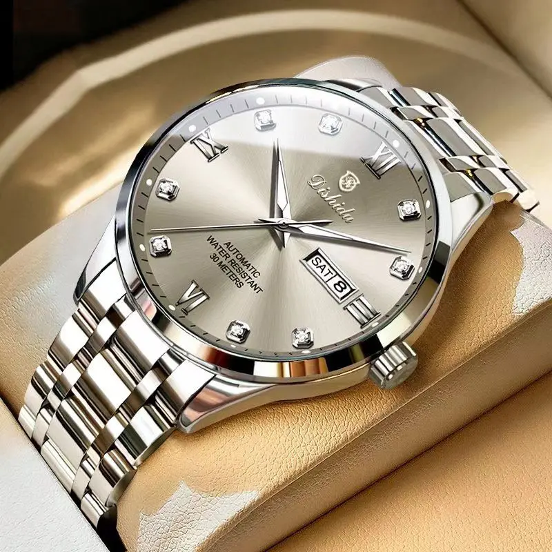 Đồng Hồ Chuyển Động Tự Động, Kim Cương Quy Mô La Mã, Lịch Đôi, Không Thấm Nước, Dạ Quang, Đồng Hồ Nam, Đồng Hồ