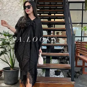 Kaftan Renda Viscos Semi Sutera Aneka Warna by NSA.LOOKS - Gamis Wanita Muslim Mewah Pesta - Lebaran, Hitam, Arab, Rayon