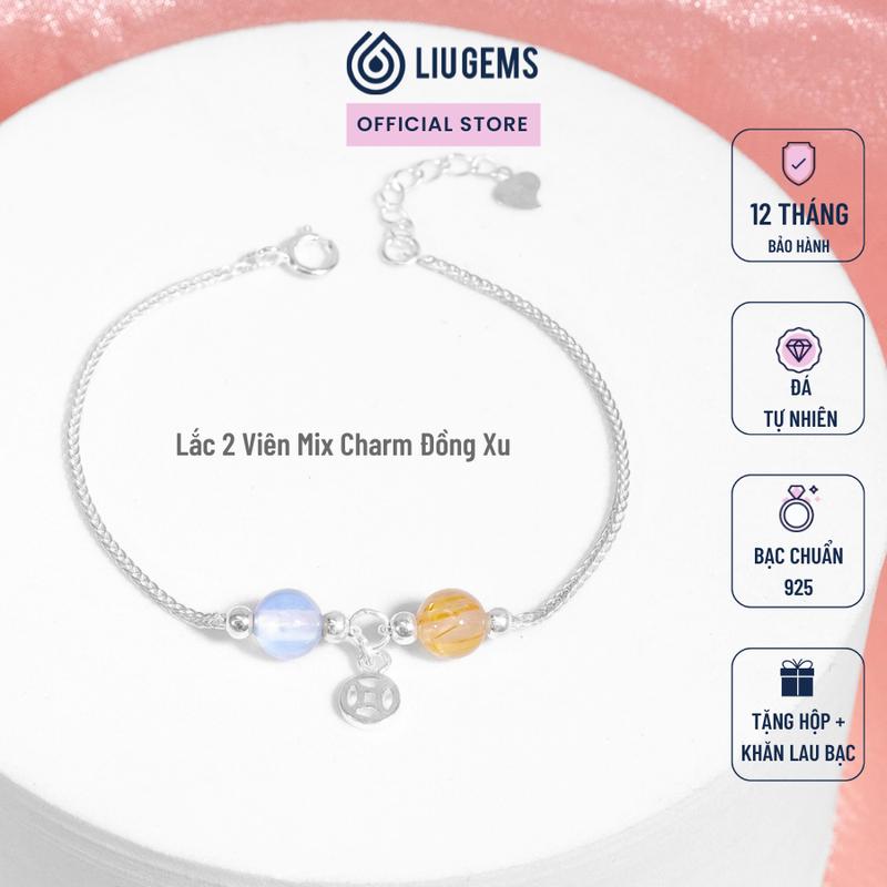 Lắc Tay Bạc 925 Cho Nữ 2 Viên Đá Tự Nhiên Liugems Mix Charm Treo Đồng Xu Kim Tiền Phụ Kiện Năng Động Cá Tính Thời Trang VB49 (Mua một, tặng một hộp đựng trang sức + một khăn lau bạc miễn phí)