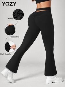 YOZY-GOOO Women's Plain Cut Out Ruched Flare Leg Pants, Casual Comfy High Waist Bell Bottom Trousers for Outdoor Running, Ladies Bottoms for All Seasons