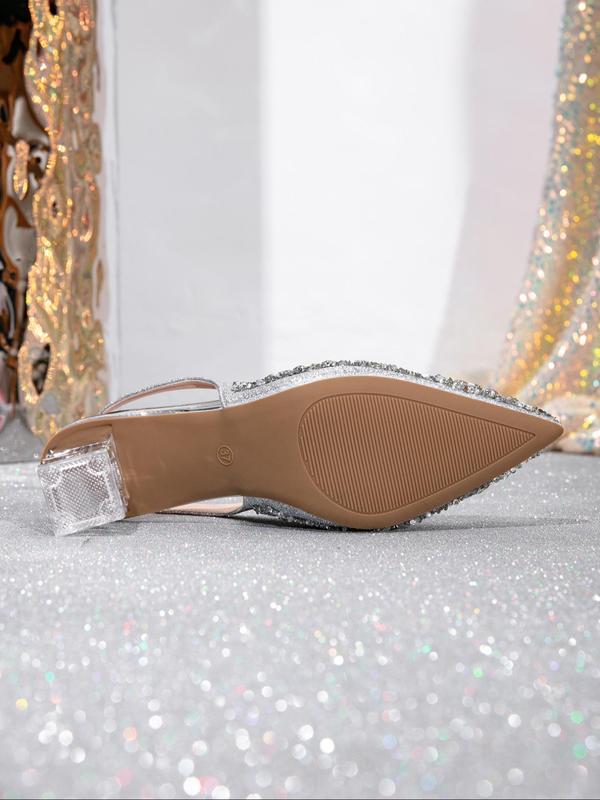 Women's Glitter Rhinestone Decorated Slingback Sandals,  Prom Sandals, Classy Sandals, Heeled Sandals, Elegant Comfortable Decorative Heel Sandals for Party, Daily Clothing Decor for Women & Girls, Footwear, Summer 2