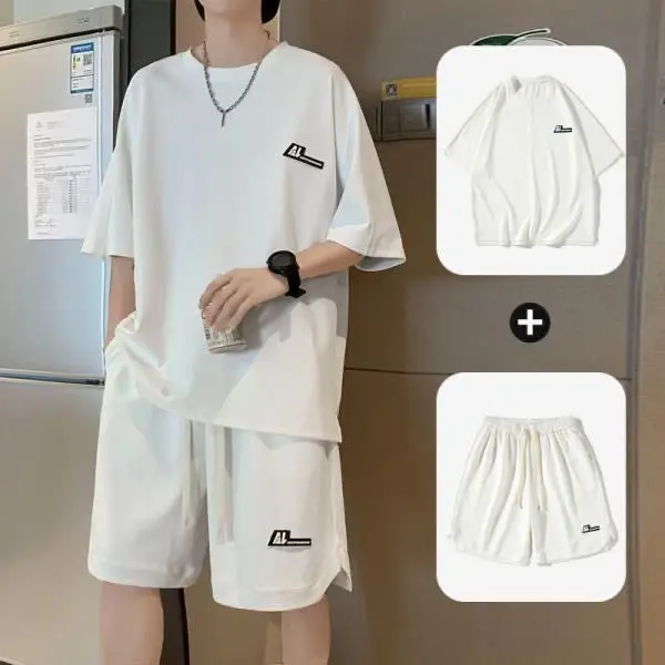 Bộ Đồ Áo Thun Ngắn Tay Chất Liệu Lụa Lạnh Bộ Đồ Thể Thao Thường Ngày Mỏng Mùa Hè Cho Nam Quần Áo Phù Hợp Áo Thun Mùa Hè Cho Nam