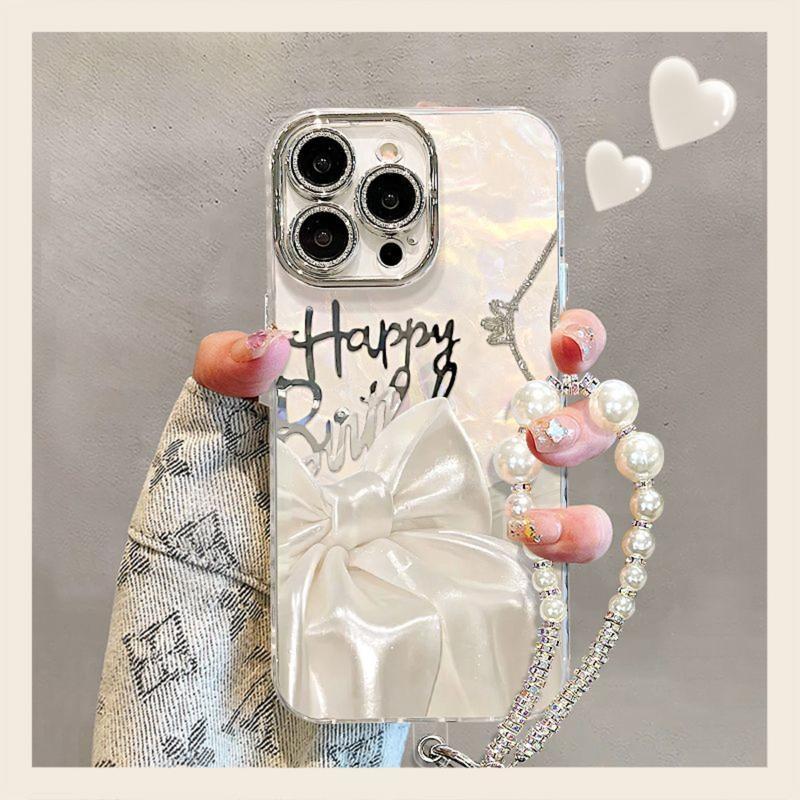 Ốp Điện Thoại, Nơ Lụa Trắng, Cho iPhone 16, 15, 14, 13, 12, 11, Pro Max Plus, Họa Tiết Ốp, Màng Ống Kính Tích Hợp, Ốp Lưng Chống Sốc, Có Vòng Đeo Tay