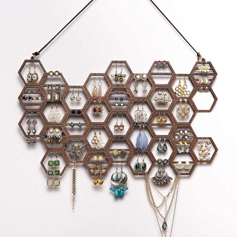 Traditional Wooden Honeycomb Design Jewelry Storage Rack, 1 Count Vintage Earring Display Rack, Jewelry Organizer for Earrings & Necklace 5
