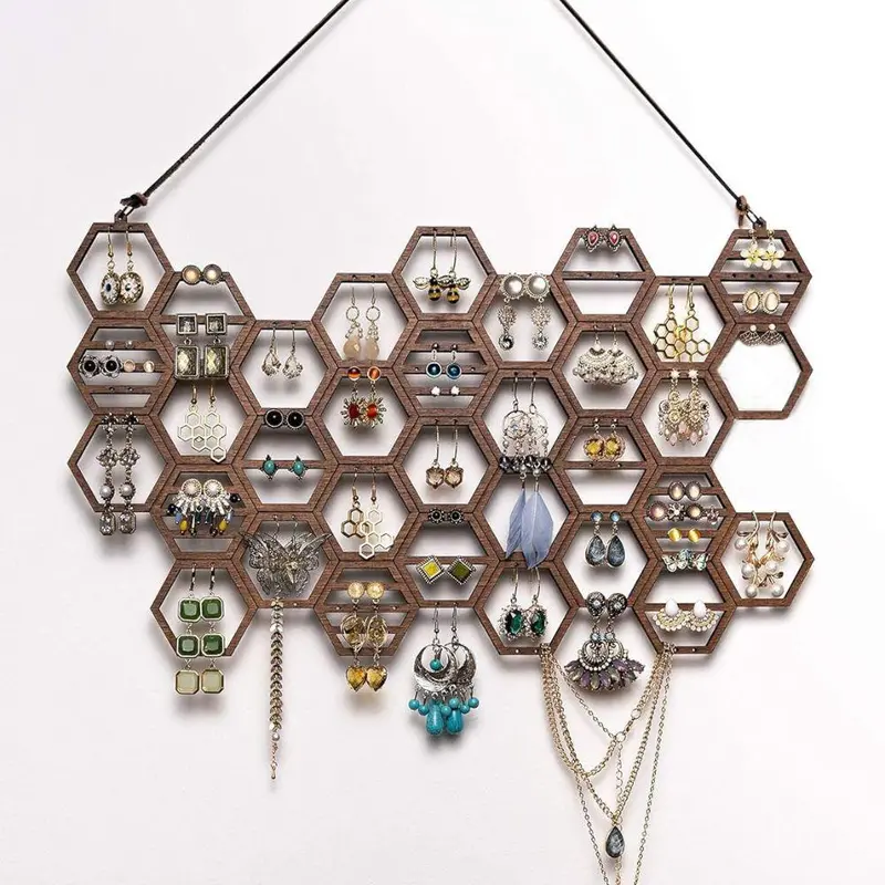 Traditional Wooden Honeycomb Design Jewelry Storage Rack, 1 Count Vintage Earring Display Rack, Jewelry Box, Jewelry Organizer for Earrings & Necklace 5