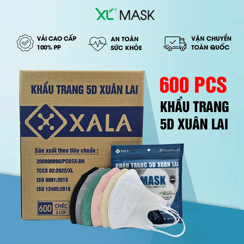 600 Cái Khẩu Trang 5D Xuân Lai 3 Lớp Vải Đủ Màu Chống Tia UV