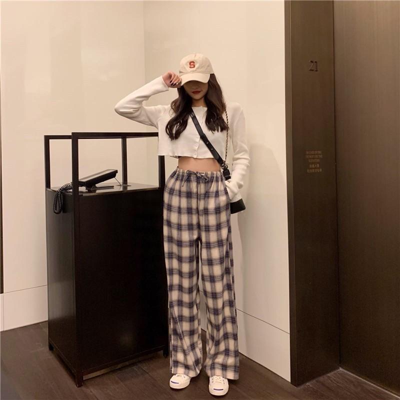 Quần Kẻ Sọc Caro Nữ Ống Rộng Ulzzang Hottrend Chất thô mềm, Cạp Chun, Lưng Cao, Đủ size nhiều màu - Mã MH666 Ong Women Pants quan quancaro flannel đỏ suông dạ hack nỉ thun muadong bông cozy Máy có thể giặt được Pleated