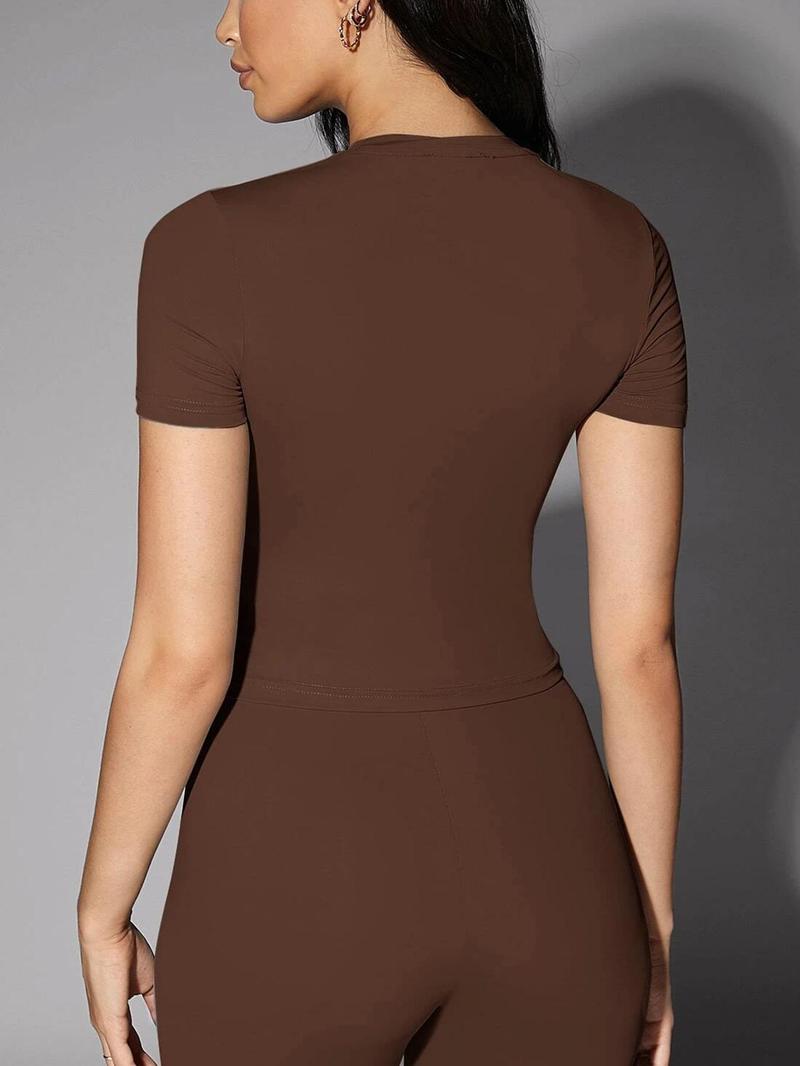 Product Introduction of Women's Solid Color Short Sleeve Tee & High Waist Skinny Shorts Set, Summer Clothes Women, Casual Round Neck T-shirt & Tight Shorts 2