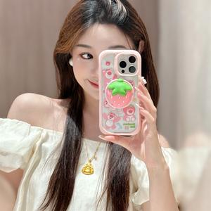 เคสหมีสตรอเบอร์รี่ ดอกไม้ สำหรับ iPhone 16 Pro Max, Apple 15, 14 ใหม่, Girly, หวานและเท่, สไตล์เกาหลี, ฝาครอบป้องกันกันกระแทก