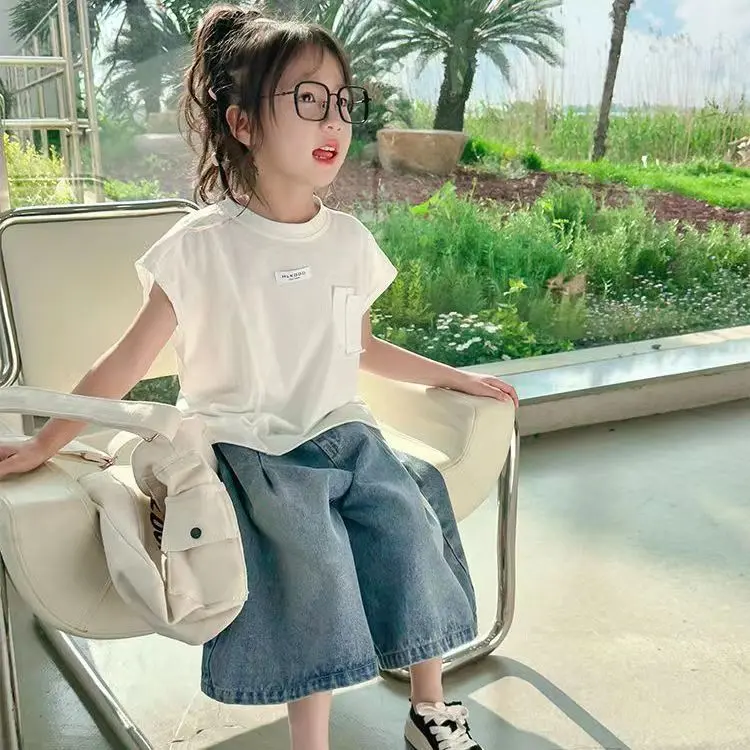 Korean Style Setelan Anak Perempuan Atasan Putih Lengan Pendek+ Celana Jeans Panjang Baju Anak Perempuan Fashion