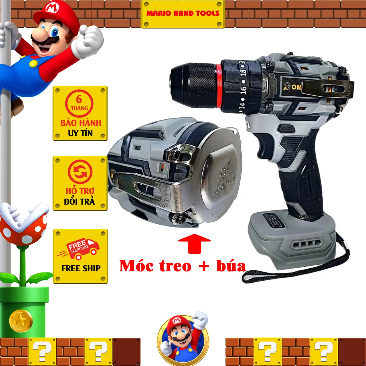 Thân máy khoan pin 3 chức năng Compass, chân phổ thông M21, Không chổi than, Đầu kẹp thép 10 mm autolock, màu xám