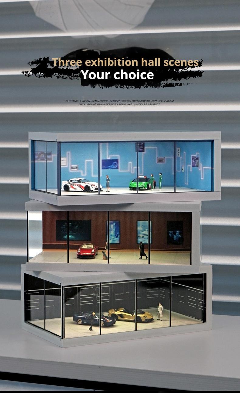Product Introduction of Alloy die-cast car parking lot model, suitable for 1:64 scale car models, simulated garage scene, highly transparent dust-proof box, with lights, assembly model, for storing car models, for decoration and collection, a gift for boys 4