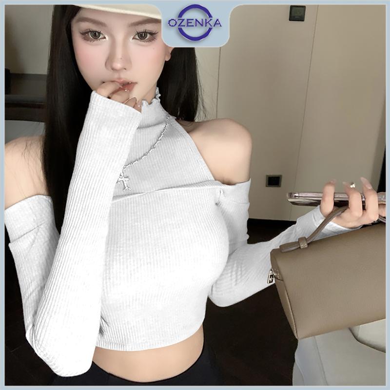Áo croptop kiểu hở vai tay dài nữ ozenka , áo crt thun tăm ôm body gợi cảm sang chảnh màu đen trắng mặc đi chơi Voi Shirt Women Kem