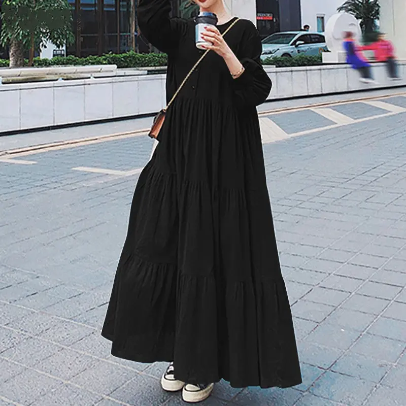 Women's Long Large Hem Dress Autumn Long Sleeve V-neck Flounced Skirt Loose Dress