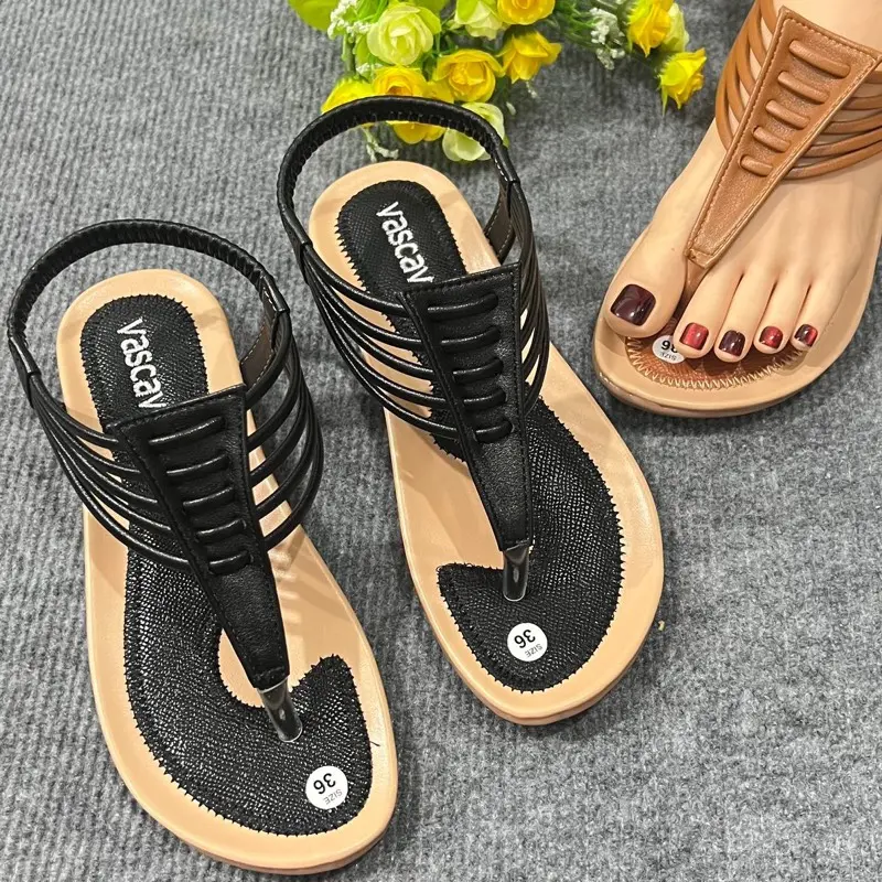 Sandanl Quai Kẹp 5 Dây Chất Da Bò Mặt Trên Thêu Thời Trang Đế TPR Cao 2 Phân Dành Cho Nữ