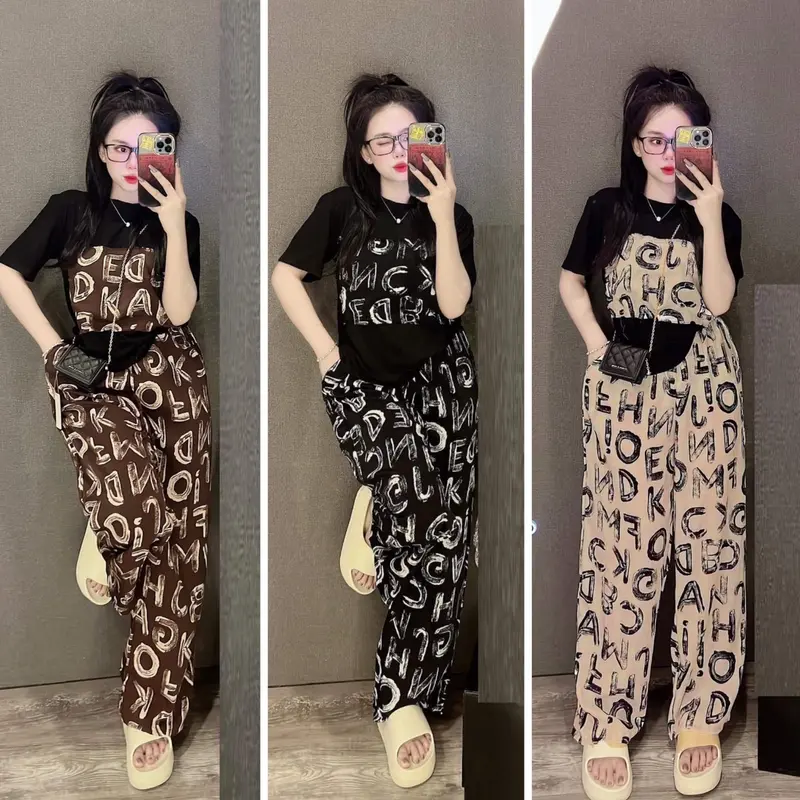 Set Bộ Gân Tăm Lạnh Dành Cho Nữ Mix Áo Form Suông Đi Học Đi Làm Đi Chơi Women Thun Top Voi 0