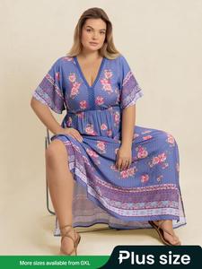 【Plus Size】 Floral Print V Neck Dress, Boho Fashion Casual Dress for Daily Holiday Vacation Wear, Women Plus Clothing for All Seasons
