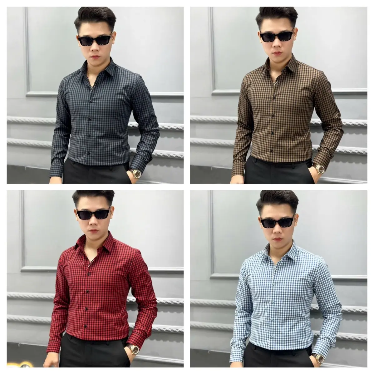 Sơ Mi Kẻ Caro Nhỏ 4 Màu Dài Tay Nam Cao Cấp Mềm Mại Sang Trọng D11 New 2025 Áo Menswear Shirt Có Cổ