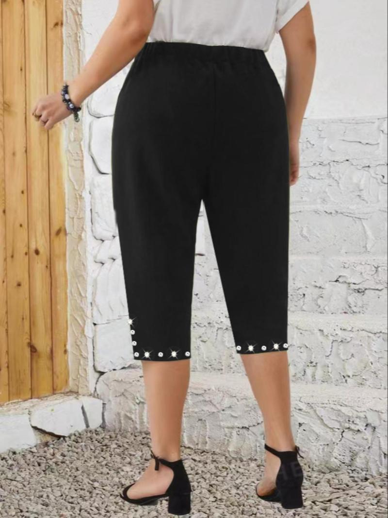 Product Introduction of 【Plus Size】 Rhinestone Decor Capri Pants, Casual Comfy Capri Pants for Summer, Women's Bottoms for Daily Wear 3