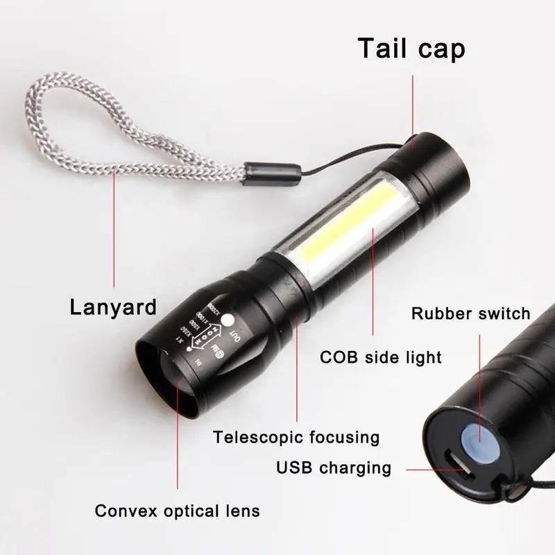 Đèn Pin LED, Đèn Pin Mini 2 Trong 1, 4 Chế Độ, Có Thể Sạc Lại USB, Thích Hợp Để Cắm Trại, Pin COB, Đèn Chống Nước, D5N1 7