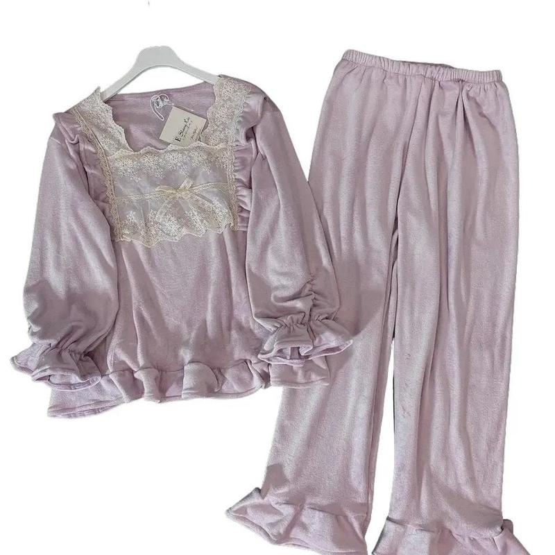  Mã N41- Pijama dài tay cho nữ nhung bông tím bèo ấm - Bộ ngủ mặc nhà hàng quảng châu cao cấp Women Quần Ngủ Top 
