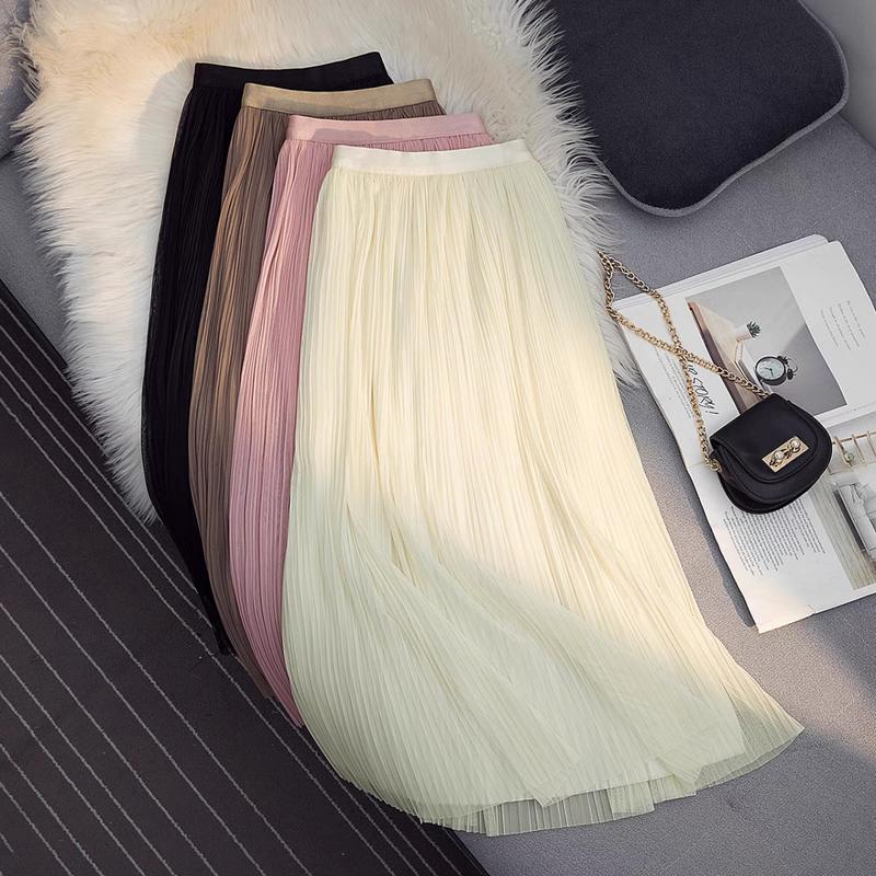 ZUMY fashion chân váy rập ly nhí nữ cạp lưng thun dáng trẻ trung, chân váy 2 lớp, dài chân váy 75 cm Khuy Đen Women