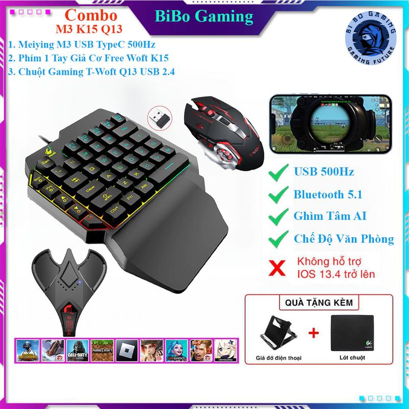 Combo Meiying M3, Bộ Chuyển Đổi Gaming hai chế độ kết nối Bluetooth 5.1 và Có Dây, hỗ trợ ghìm tâm AI, Bàn Phím Giả Cơ Free Wolf K15 và Chuột Gaming, Hỗ trợ chơi game PUBG Mobile, Free Fire, Liên Quân, MineCraft, Roblox