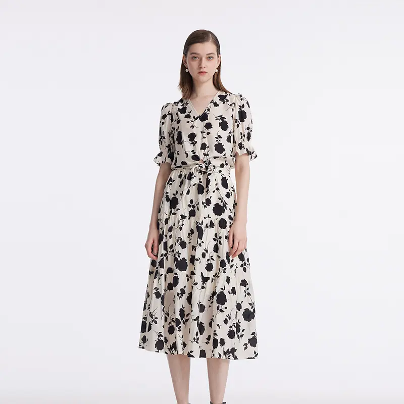 GOELIA Acetate Rose Printed Blouse And Half Skirt Two-Piece Set Loose Women Cloth