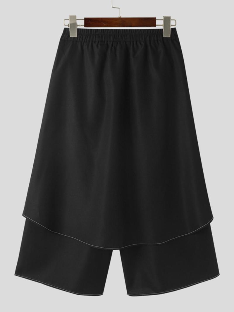 Product Introduction of Men's Solid 2 in 1 Button Fly Elastic Waist Wide Leg Pants, Loose Casual Comfy Zipper Pocket Trousers for Daily Wear, Men's Bottoms for All Seasons 11