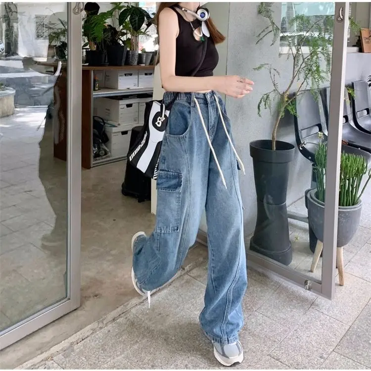Celana Kerja Jeans Wanita Dengan Tali Serut Dan Banyak Kantong Denim Fit 4