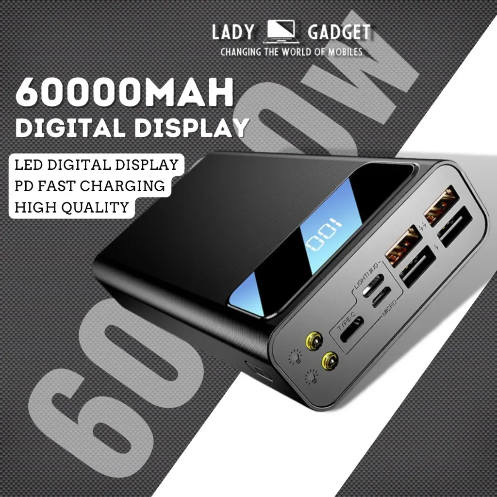 60000mAh Powerbank Fast Charging Full Capacity 4 USB Charge Ports PD Fast Charging Power bank powerbank60000 mah/Tiga Warna Primer Power Bank LED Digital Display Portable White Black