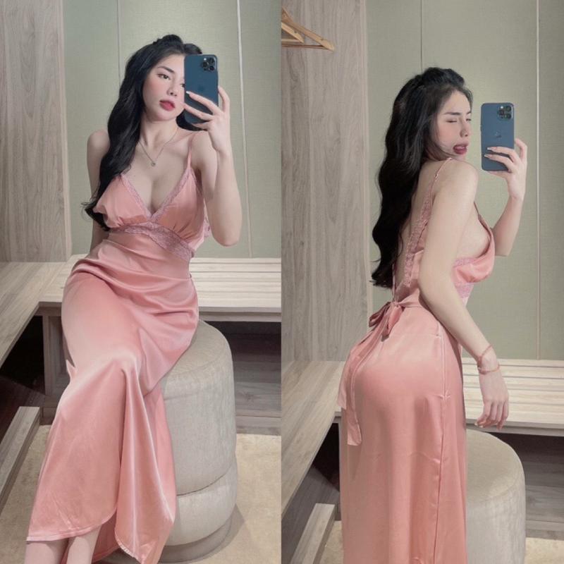  Đầm ngủ nữ dáng dài 2 dây phối ren có thắt eo chất vải lụa latin cực mát mềm mịn Freesize 4O - 58 kg váy ngủ lụa Dress áo liền quần trắng + áo ngoài draped 