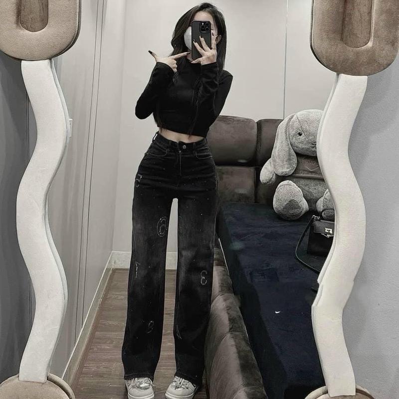835- Q1400- Quần Jeans Loang KHÓI Đính Đá Và Số Lưng Cao, Tôn Dáng CÓ CO GIÃN dài quần 105 BIGSIZE Nữ