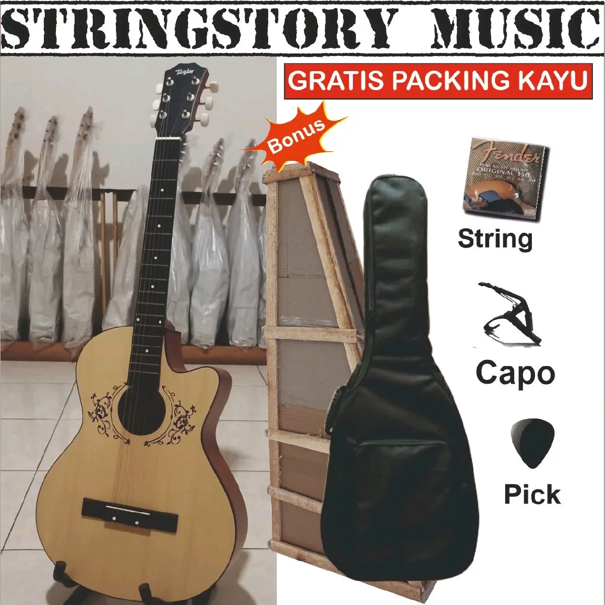 Gitar Akustik Pemula STRINGSTORY dengan Bonus Tas, Senar Cadangan, Capo, dan Pick - Model Dove - Kayu