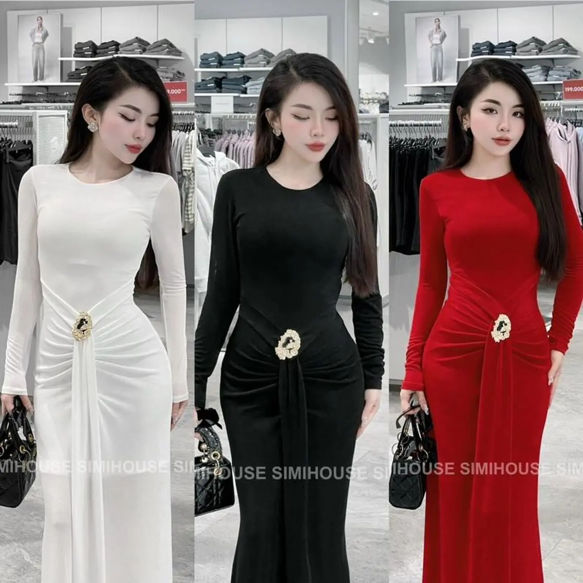 VÁY BODY TAY DÀI NHŨ HÀN CHARM /  Đầm body thiết kế tiệc thắt eo đính charm sang trọng Nữ Women Dress Đen
