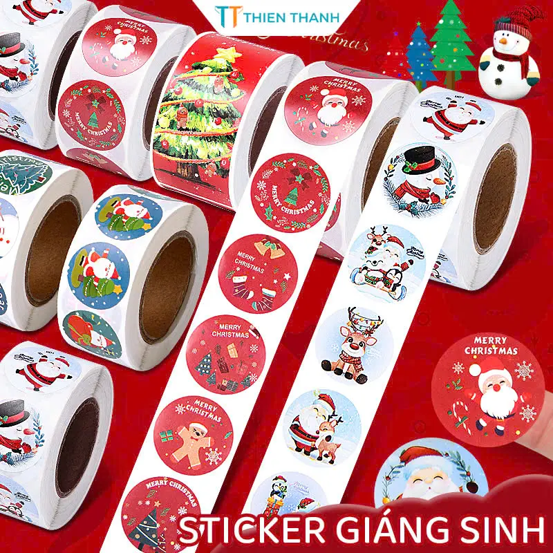 Cuộn 500 Sticker Noel Dễ Thương, Miếng Dán Trang Trí Chống Thấm Nước Tranh