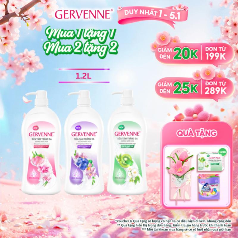 DUY NHẤT 1-5.1 Sữa Tắm Dưỡng Body dành cho nữ Hương Nước Hoa Gervenne 3 mùi Kiwi Dâu tây Việt quất 1.2L chai