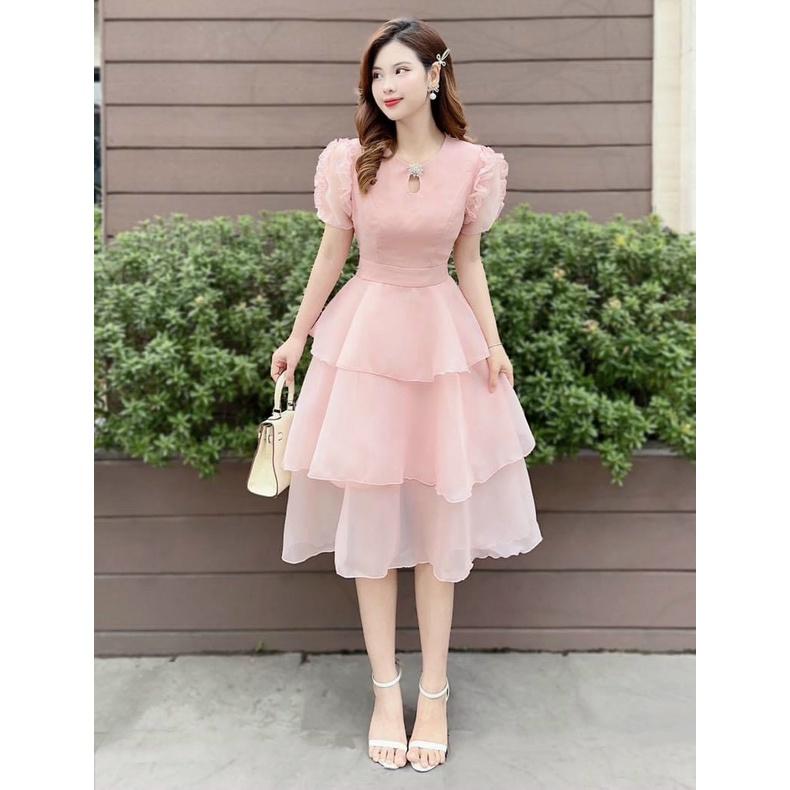 [3.3 Sales Freeship] Đầm công chúa, đầm voan xòe 3 tầng cổ tròn tay phồng, đầm hồng xòe đi cưới đi tiêc sang chảnh dx Nữ WomenTOP 2