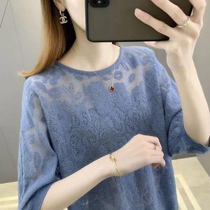 เสื้อสเวตเตอร์ถัก แขนห้าสี่ส่วน สำหรับผู้หญิง คอกลม ทรงหลวม เสื้อบาง ครึ่งแขน เสื้อค้างคาวกลวง อเนกประสงค์ และมีสไตล์ ฤดูใบไม้ร่วง มาใหม่